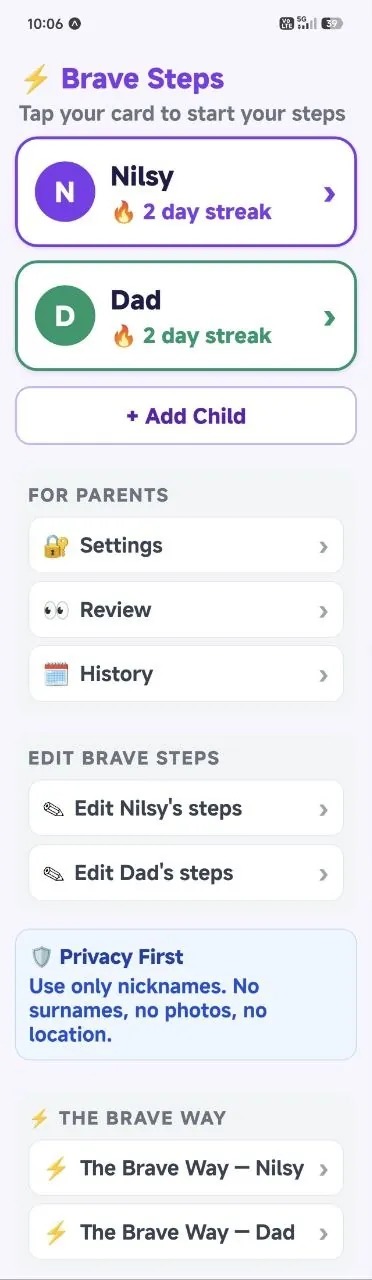 Parent setup screen