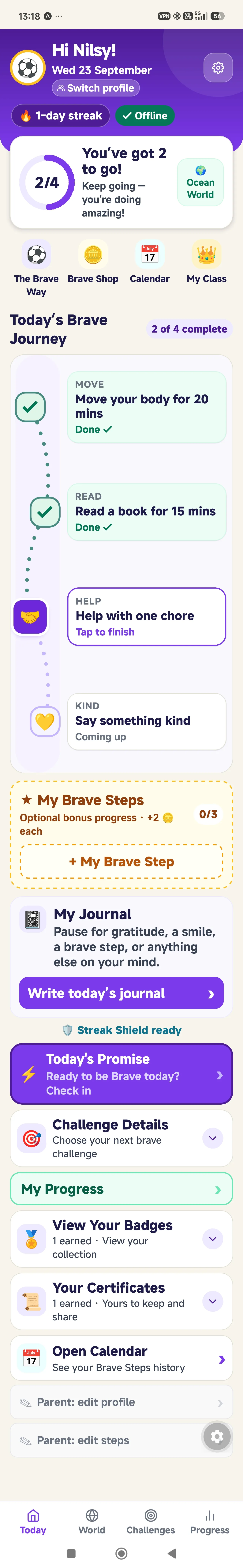 Brave Powers daily progress screen